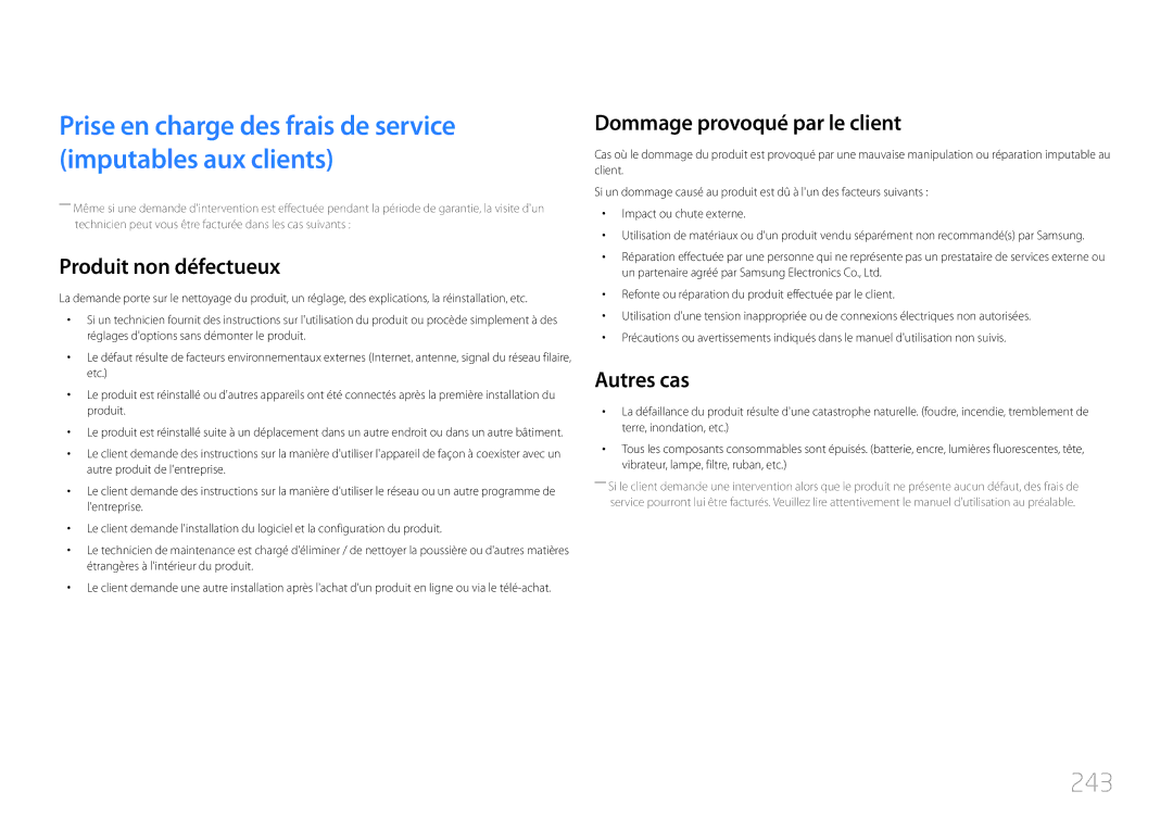 Samsung LH46MDCPLGC/EN, LH40MDCPLGC/EN manual 243, Produit non défectueux, Dommage provoqué par le client, Autres cas 