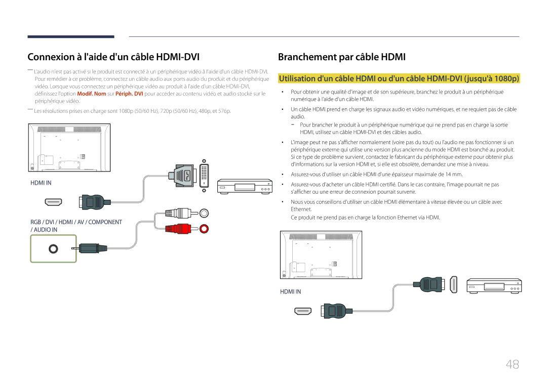 Samsung LH40MDCPLGC/EN, LH55MDCPLGC/EN, LH32MDCPLGC/EN Connexion à laide dun câble HDMI-DVI, Branchement par câble Hdmi 