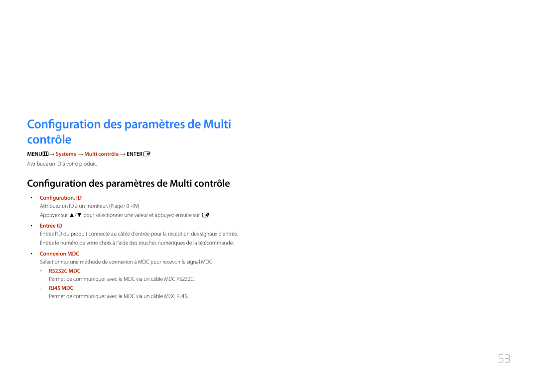 Samsung LH55MDCPLGC/EN, LH40MDCPLGC/EN, LH32MDCPLGC/EN Utilisation de MDC, Configuration des paramètres de Multi contrôle 