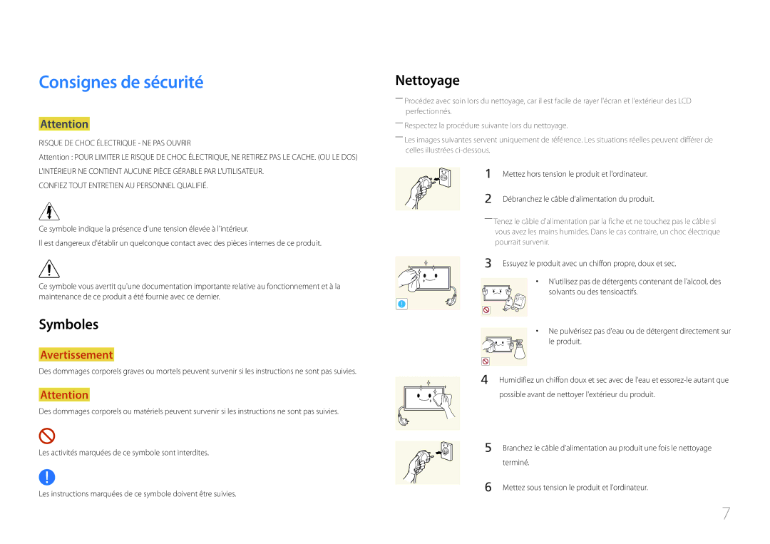 Samsung LH46MDCPLGC/EN, LH40MDCPLGC/EN, LH55MDCPLGC/EN, LH32MDCPLGC/EN manual Consignes de sécurité, Nettoyage, Symboles 