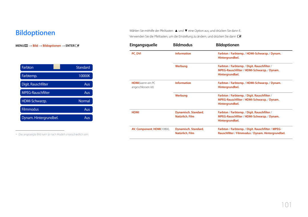 Samsung LH55MDCPLGC/EN manual 101, Eingangsquelle Bildmodus Bildoptionen, MENUm → Bild → Bildoptionen → Entere 