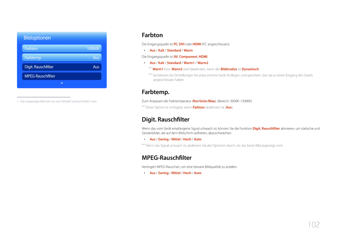 Samsung LH32MDCPLGC/EN, LH40MDCPLGC/EN, LH55MDCPLGC/EN manual 102, Farbton, Farbtemp, Digit. Rauschfilter, MPEG-Rauschfilter 