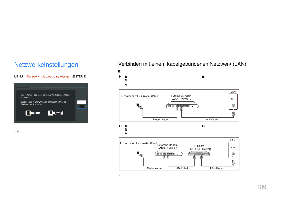 Samsung LH55MDCPLGC/EN, LH40MDCPLGC/EN Netzwerkeinstellungen, 109, Verbinden mit einem kabelgebundenen Netzwerk LAN 