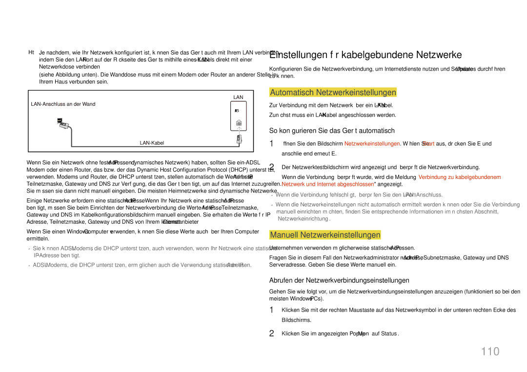 Samsung LH32MDCPLGC/EN, LH40MDCPLGC/EN 110, Einstellungen für kabelgebundene Netzwerke, Automatisch Netzwerkeinstellungen 