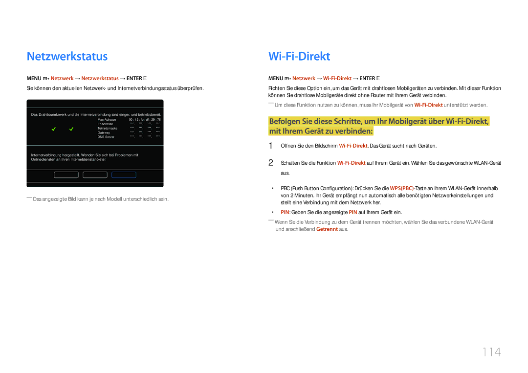 Samsung LH32MDCPLGC/EN, LH40MDCPLGC/EN, LH55MDCPLGC/EN Wi-Fi-Direkt, 114, Menu m → Netzwerk → Netzwerkstatus → Enter E 