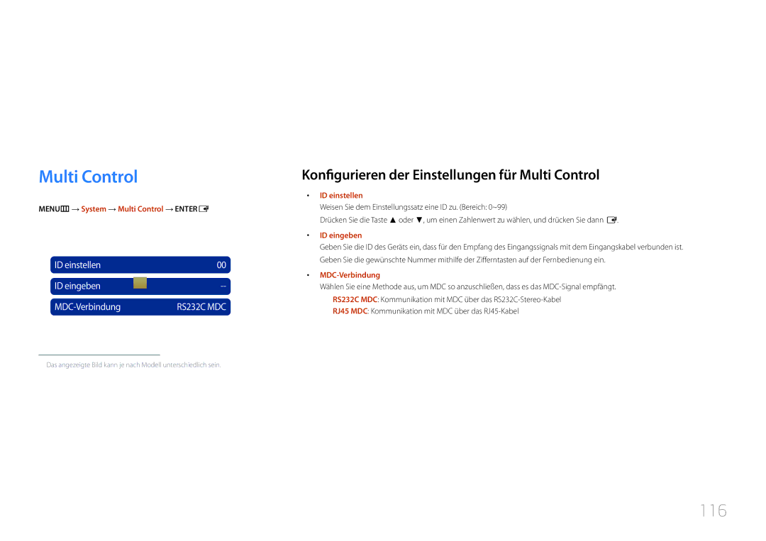 Samsung LH40MDCPLGC/EN, LH55MDCPLGC/EN, LH32MDCPLGC/EN, LH46MDCPLGC/EN 116, MENUm → System → Multi Control → Entere 