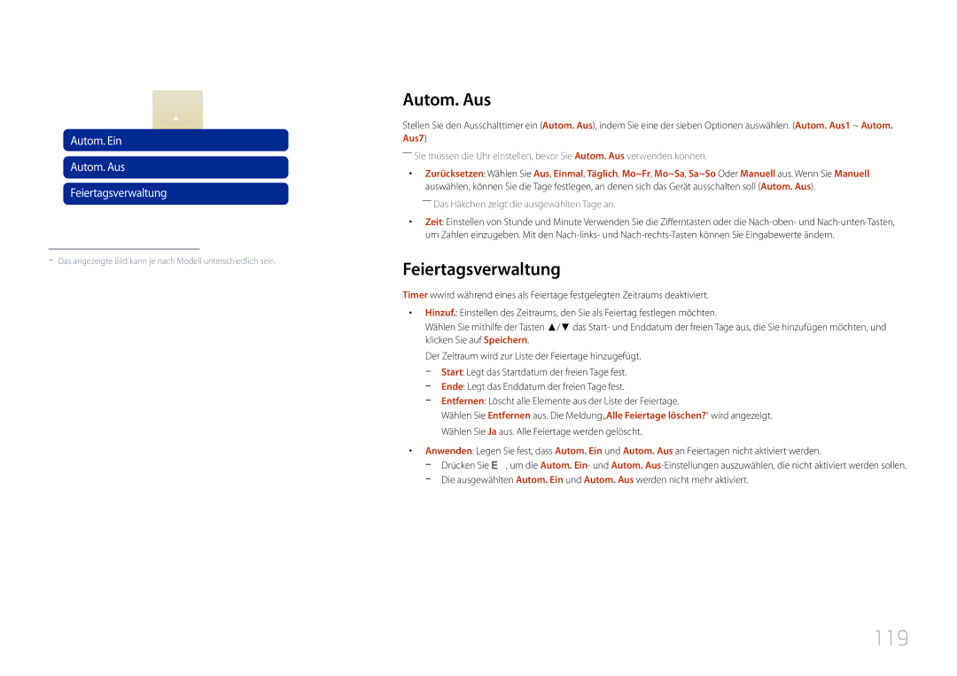 Samsung LH46MDCPLGC/EN, LH40MDCPLGC/EN, LH55MDCPLGC/EN, LH32MDCPLGC/EN manual 119, Autom. Aus, Feiertagsverwaltung 