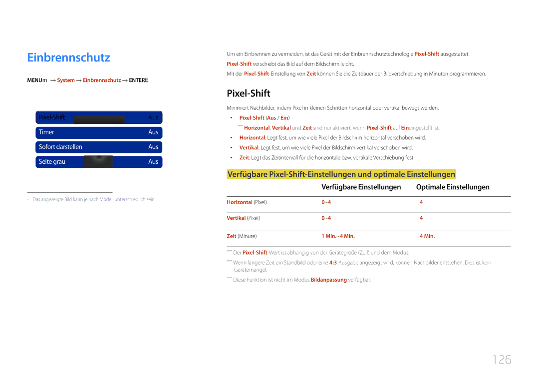 Samsung LH32MDCPLGC/EN, LH40MDCPLGC/EN, LH55MDCPLGC/EN manual Einbrennschutz, 126, Pixel-Shift, Optimale Einstellungen 