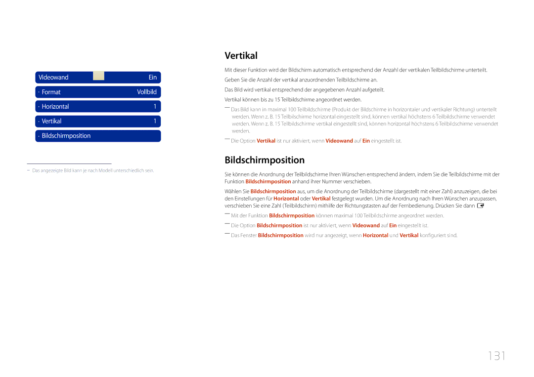 Samsung LH46MDCPLGC/EN, LH40MDCPLGC/EN, LH55MDCPLGC/EN, LH32MDCPLGC/EN manual 131, Vertikal, Bildschirmposition 