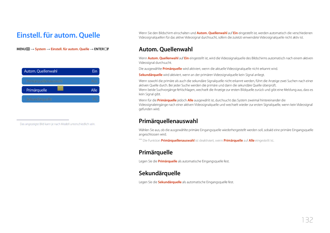 Samsung LH40MDCPLGC/EN, LH55MDCPLGC/EN, LH32MDCPLGC/EN, LH46MDCPLGC/EN manual Einstell. für autom. Quelle, 132 