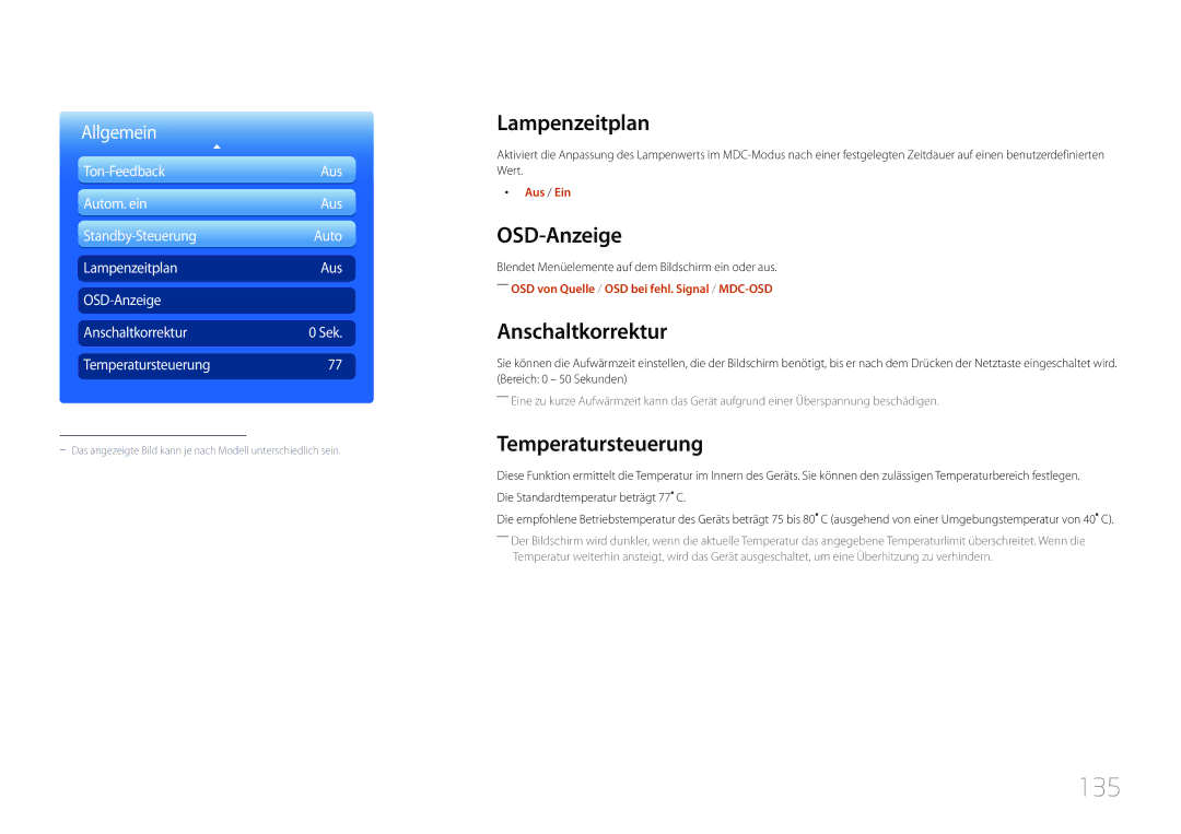 Samsung LH46MDCPLGC/EN, LH40MDCPLGC/EN manual 135, Lampenzeitplan, OSD-Anzeige, Anschaltkorrektur, Temperatursteuerung 