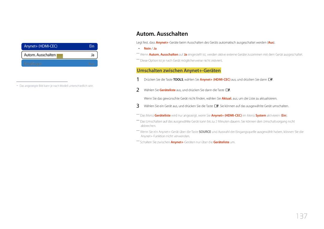 Samsung LH55MDCPLGC/EN, LH40MDCPLGC/EN manual 137, Autom. Ausschalten, Umschalten zwischen Anynet+-Geräten, Nein / Ja 
