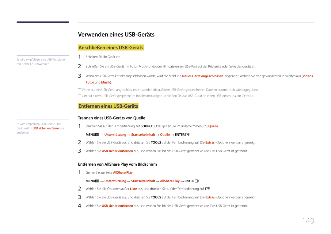 Samsung LH55MDCPLGC/EN manual 149, Verwenden eines USB-Geräts, Anschließen eines USB-Geräts, Entfernen eines USB-Geräts 