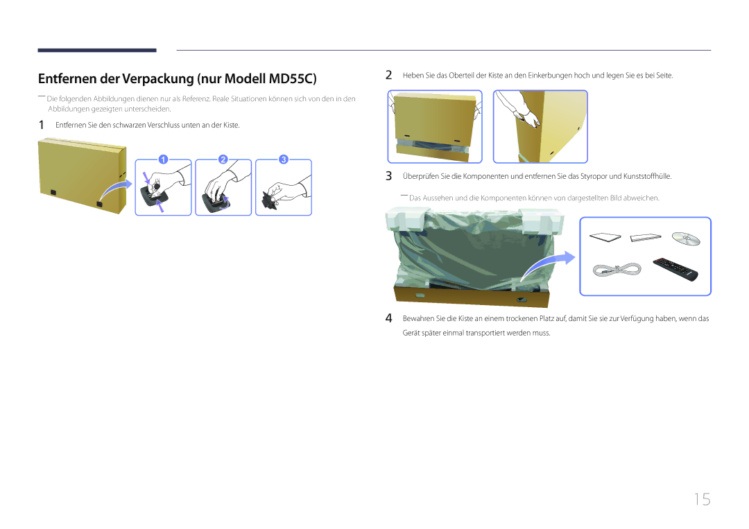 Samsung LH46MDCPLGC/EN, LH40MDCPLGC/EN, LH55MDCPLGC/EN, LH32MDCPLGC/EN manual Entfernen der Verpackung nur Modell MD55C 