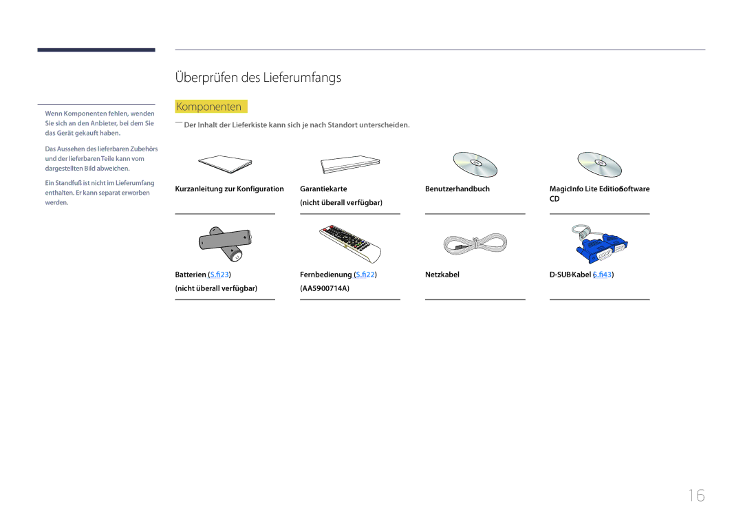 Samsung LH40MDCPLGC/EN, LH55MDCPLGC/EN, LH32MDCPLGC/EN, LH46MDCPLGC/EN manual Überprüfen des Lieferumfangs, Komponenten 