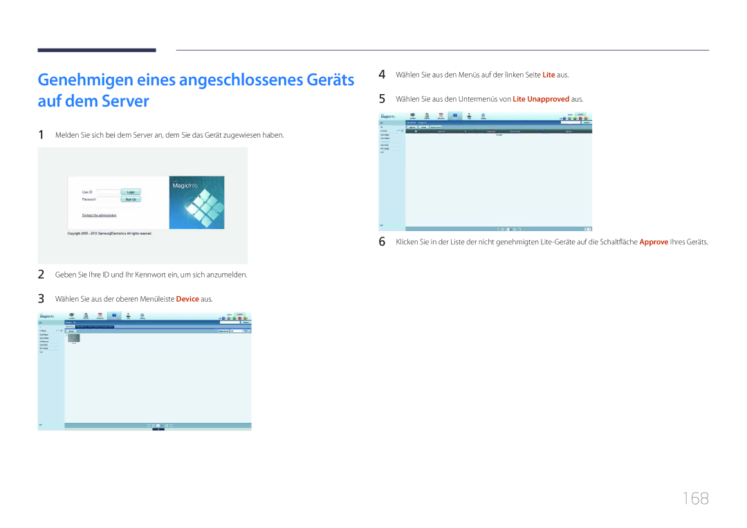 Samsung LH40MDCPLGC/EN, LH55MDCPLGC/EN, LH32MDCPLGC/EN manual Genehmigen eines angeschlossenes Geräts auf dem Server, 168 