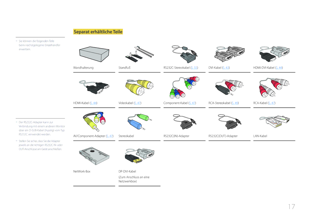 Samsung LH55MDCPLGC/EN, LH40MDCPLGC/EN, LH32MDCPLGC/EN, LH46MDCPLGC/EN Separat erhältliche Teile, Wandhalterung Standfuß 