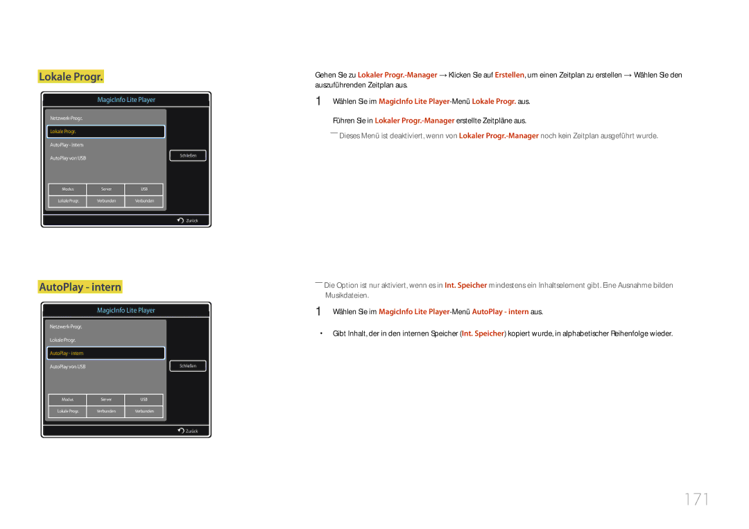 Samsung LH46MDCPLGC/EN, LH40MDCPLGC/EN 171, AutoPlay intern, Wählen Sie im MagicInfo Lite Player-MenüLokale Progr. aus 