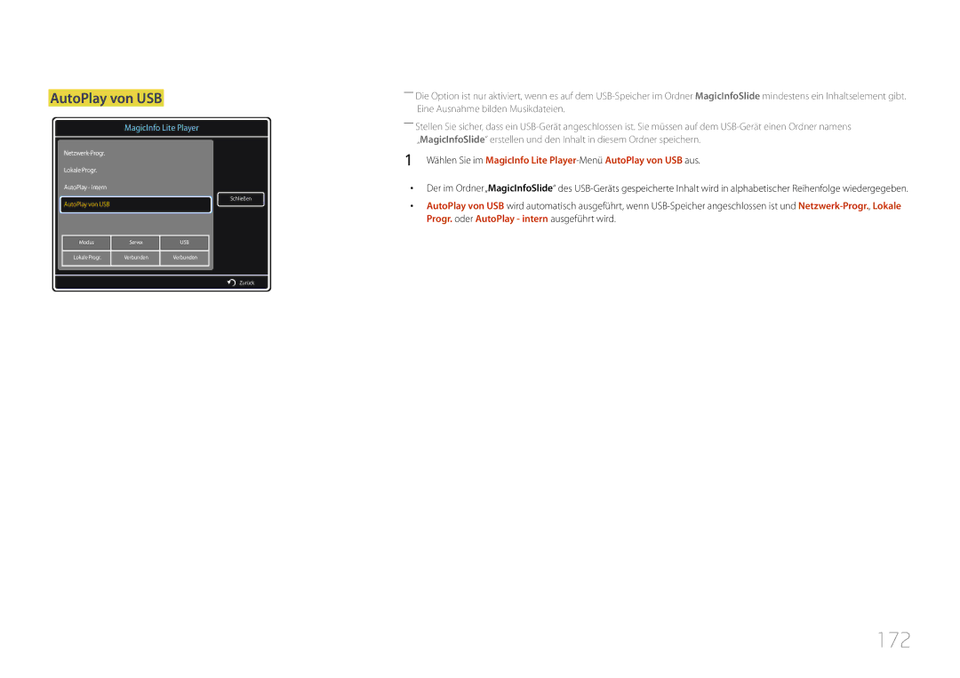 Samsung LH40MDCPLGC/EN, LH55MDCPLGC/EN, LH32MDCPLGC/EN, LH46MDCPLGC/EN manual 172, AutoPlay von USB 