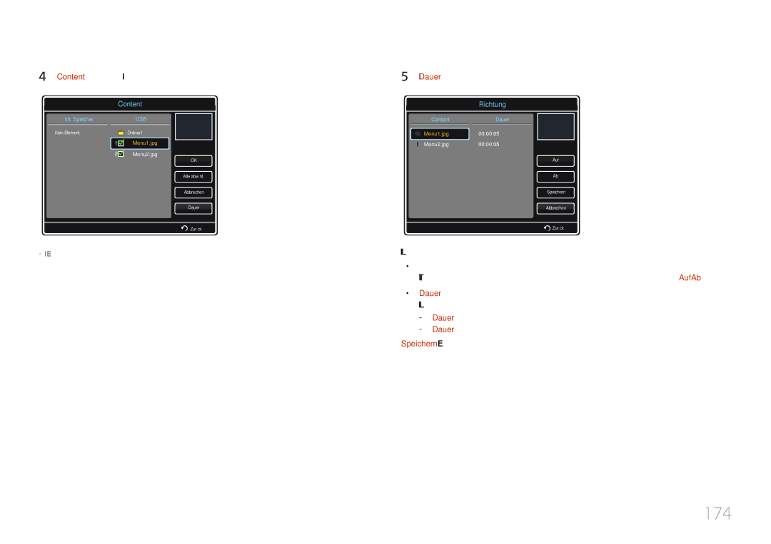 Samsung LH32MDCPLGC/EN, LH40MDCPLGC/EN, LH55MDCPLGC/EN, LH46MDCPLGC/EN manual 174, Wählen SIe Dauer aus 