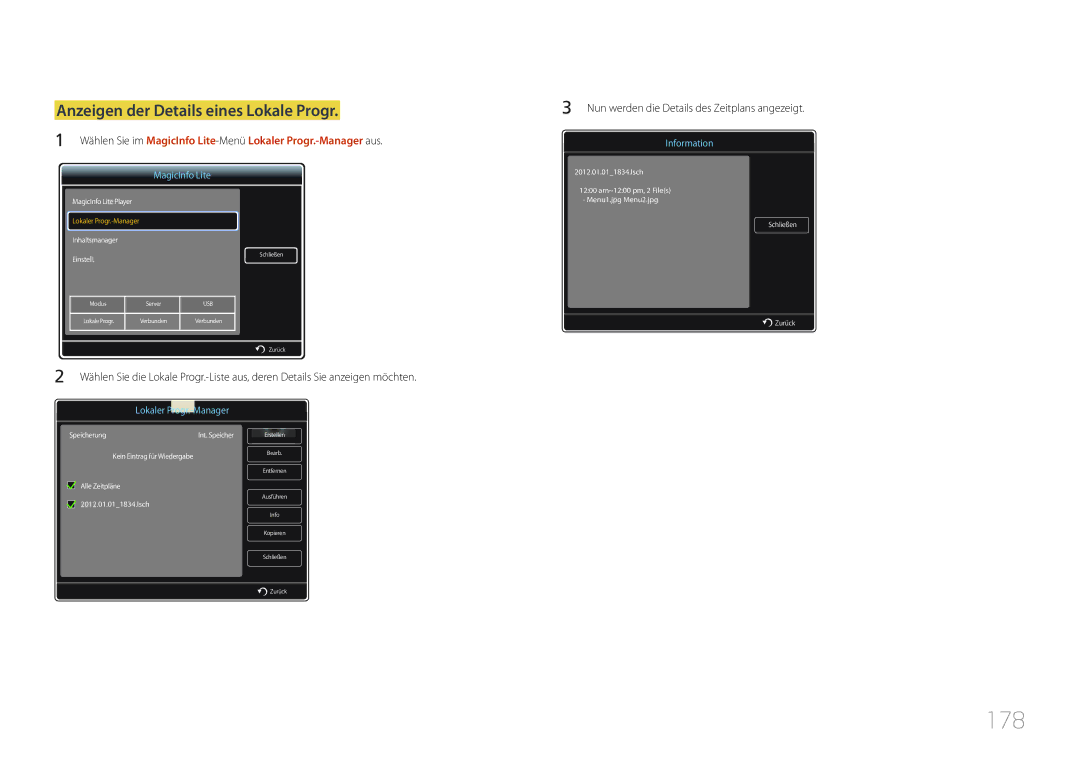 Samsung LH32MDCPLGC/EN manual 178, Anzeigen der Details eines Lokale Progr, Nun werden die Details des Zeitplans angezeigt 