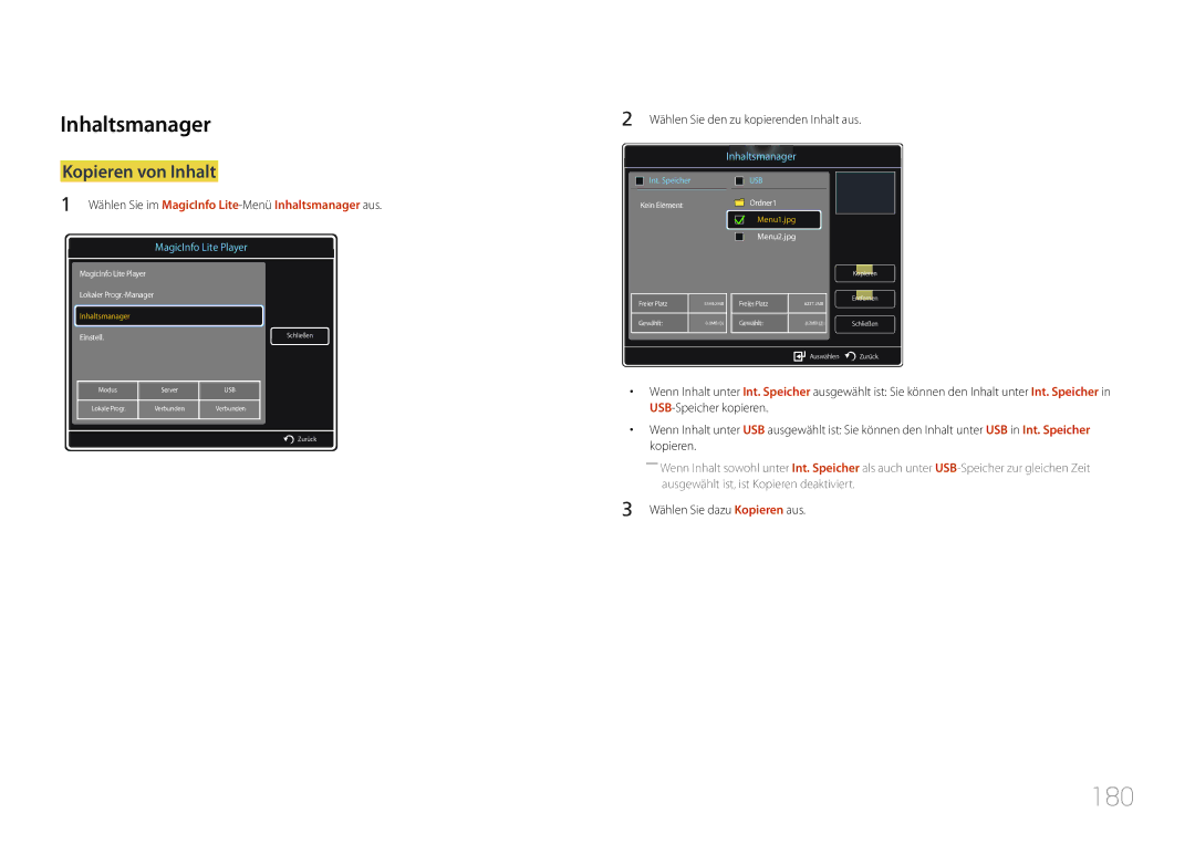 Samsung LH40MDCPLGC/EN, LH55MDCPLGC/EN 180, Kopieren von Inhalt, Wählen Sie im MagicInfo Lite-MenüInhaltsmanager aus 