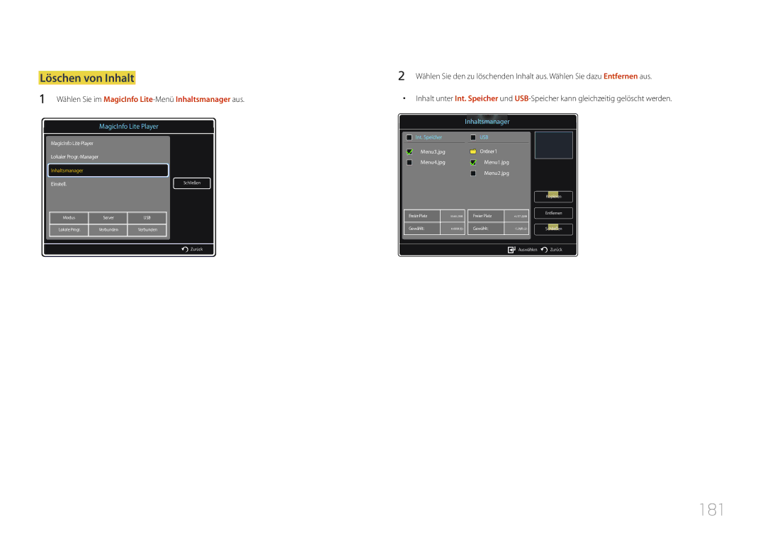 Samsung LH55MDCPLGC/EN, LH40MDCPLGC/EN, LH32MDCPLGC/EN, LH46MDCPLGC/EN manual 181, Löschen von Inhalt 