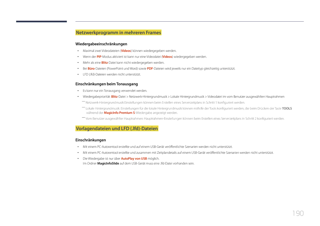 Samsung LH32MDCPLGC/EN, LH40MDCPLGC/EN manual 190, Netzwerkprogramm in mehreren Frames, Vorlagendateien und LFD .lfd-Dateien 