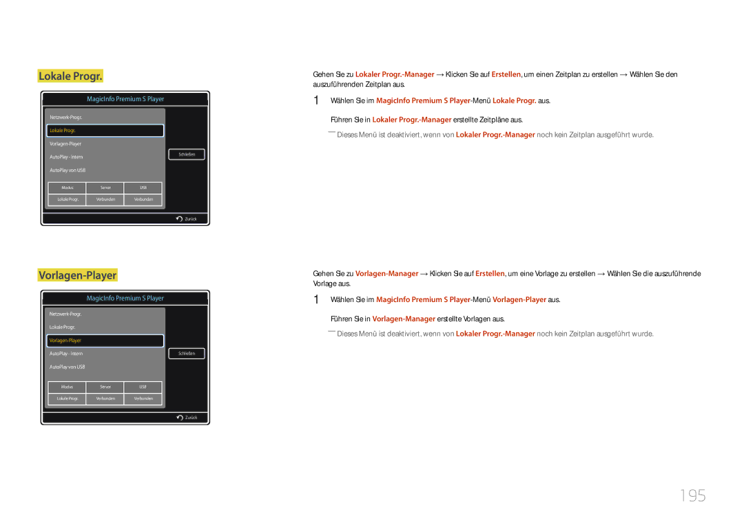 Samsung LH46MDCPLGC/EN, LH40MDCPLGC/EN, LH55MDCPLGC/EN, LH32MDCPLGC/EN manual 195, Vorlagen-Player 