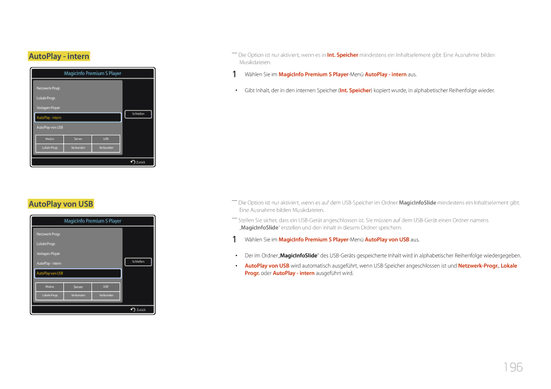 Samsung LH40MDCPLGC/EN, LH55MDCPLGC/EN, LH32MDCPLGC/EN, LH46MDCPLGC/EN manual 196, AutoPlay intern 