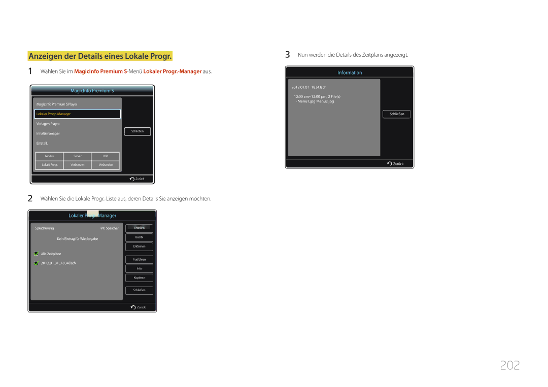 Samsung LH32MDCPLGC/EN, LH40MDCPLGC/EN, LH55MDCPLGC/EN, LH46MDCPLGC/EN manual 202, Anzeigen der Details eines Lokale Progr 