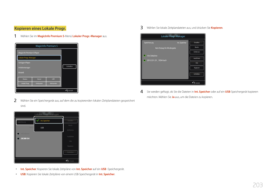 Samsung LH46MDCPLGC/EN, LH40MDCPLGC/EN, LH55MDCPLGC/EN, LH32MDCPLGC/EN manual 203, Kopieren eines Lokale Progr 