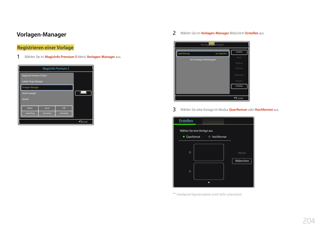 Samsung LH40MDCPLGC/EN, LH55MDCPLGC/EN, LH32MDCPLGC/EN, LH46MDCPLGC/EN 204, Vorlagen-Manager, Registrieren einer Vorlage 