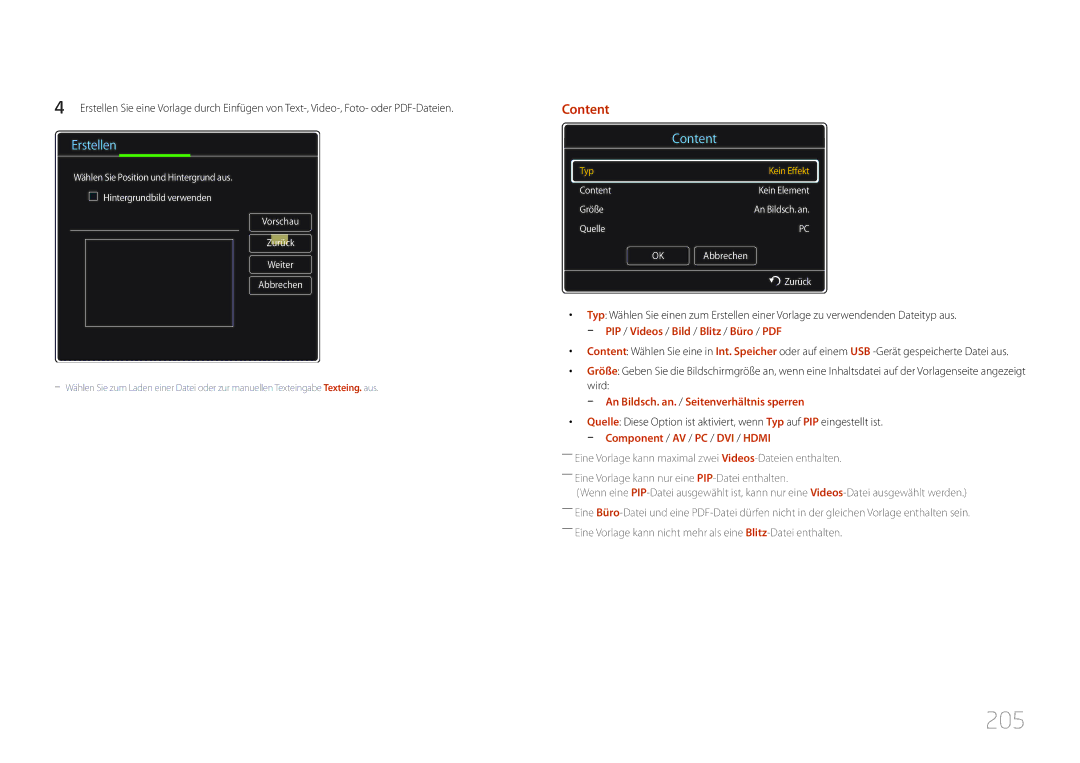 Samsung LH55MDCPLGC/EN, LH40MDCPLGC/EN, LH32MDCPLGC/EN, LH46MDCPLGC/EN manual 205, An Bildsch. an. / Seitenverhältnis sperren 