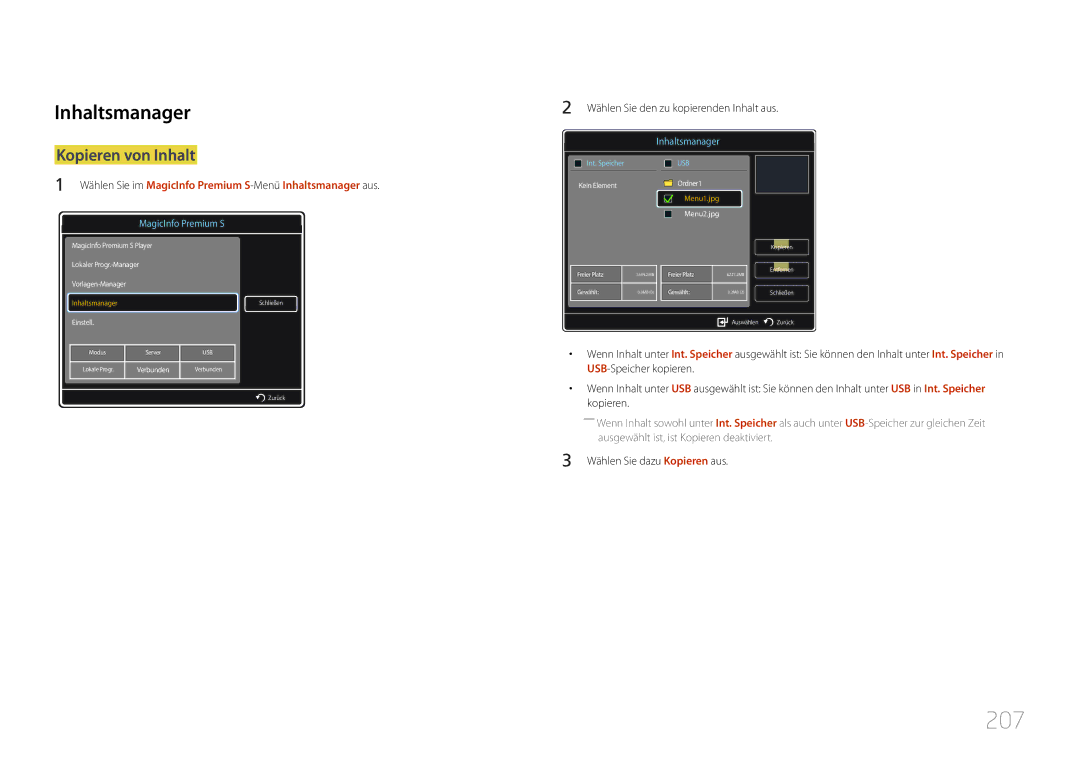 Samsung LH46MDCPLGC/EN, LH40MDCPLGC/EN, LH55MDCPLGC/EN manual 207, Wählen Sie im MagicInfo Premium S-MenüInhaltsmanager aus 