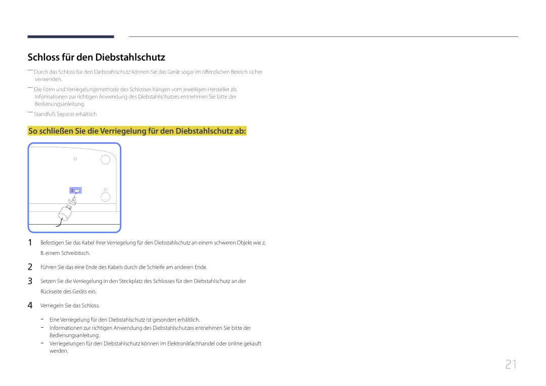 Samsung LH55MDCPLGC/EN manual Schloss für den Diebstahlschutz, So schließen Sie die Verriegelung für den Diebstahlschutz ab 