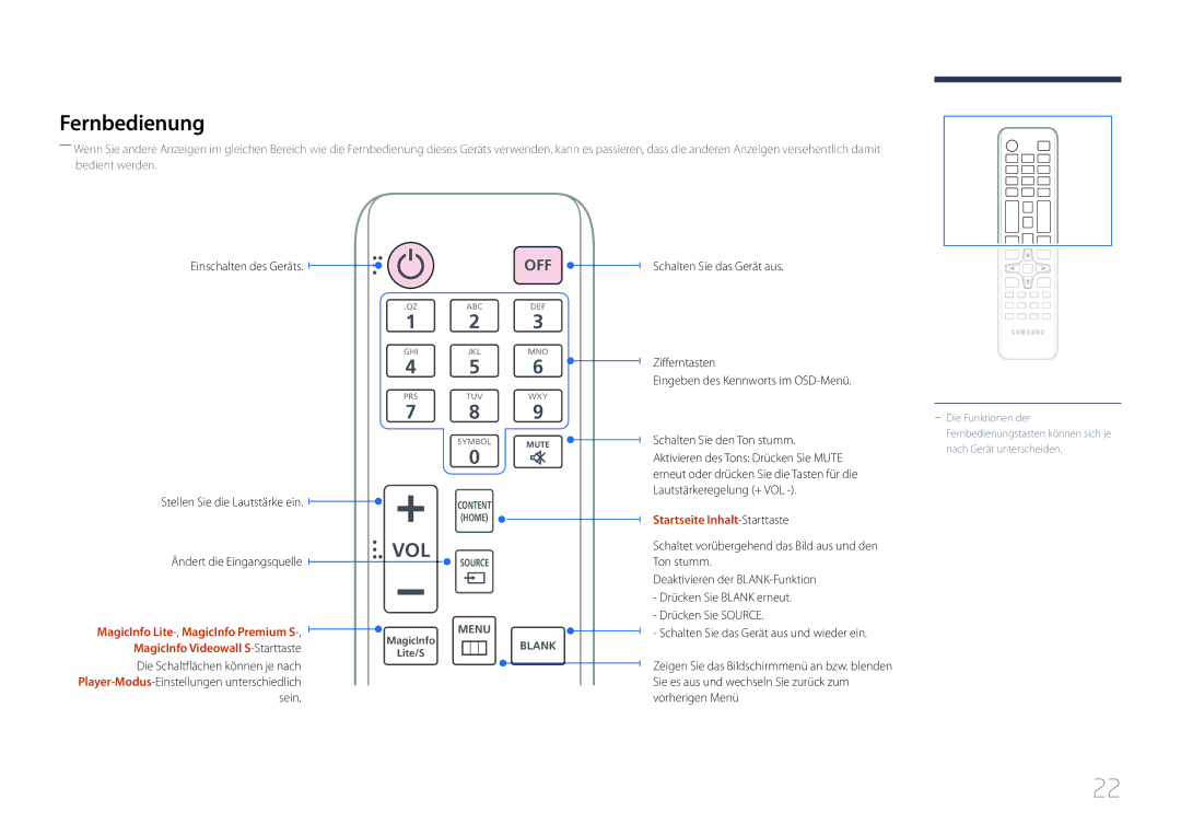 Samsung LH32MDCPLGC/EN Fernbedienung, Einschalten des Geräts, Schalten Sie das Gerät aus Stellen Sie die Lautstärke ein 