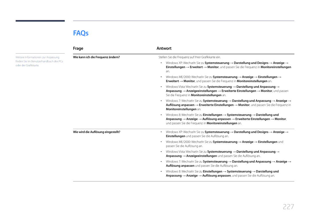 Samsung LH46MDCPLGC/EN, LH40MDCPLGC/EN, LH55MDCPLGC/EN, LH32MDCPLGC/EN manual FAQs, 227, Frage Antwort 