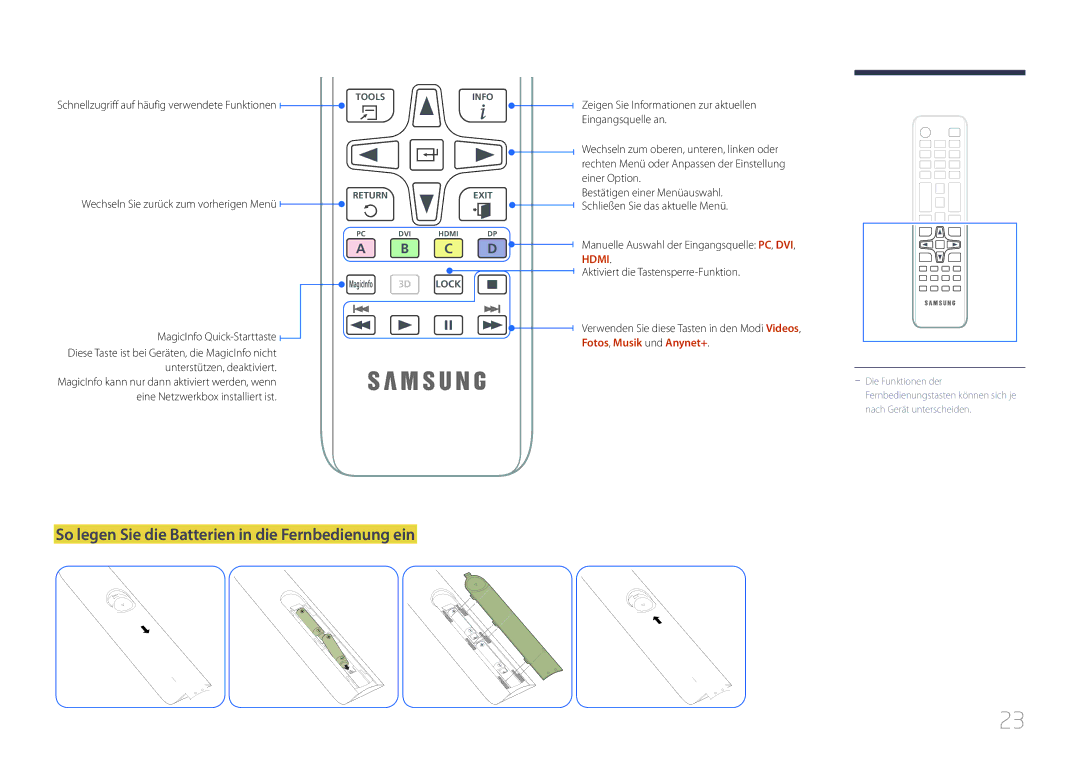 Samsung LH46MDCPLGC/EN manual So legen Sie die Batterien in die Fernbedienung ein, Wechseln Sie zurück zum vorherigen Menü 