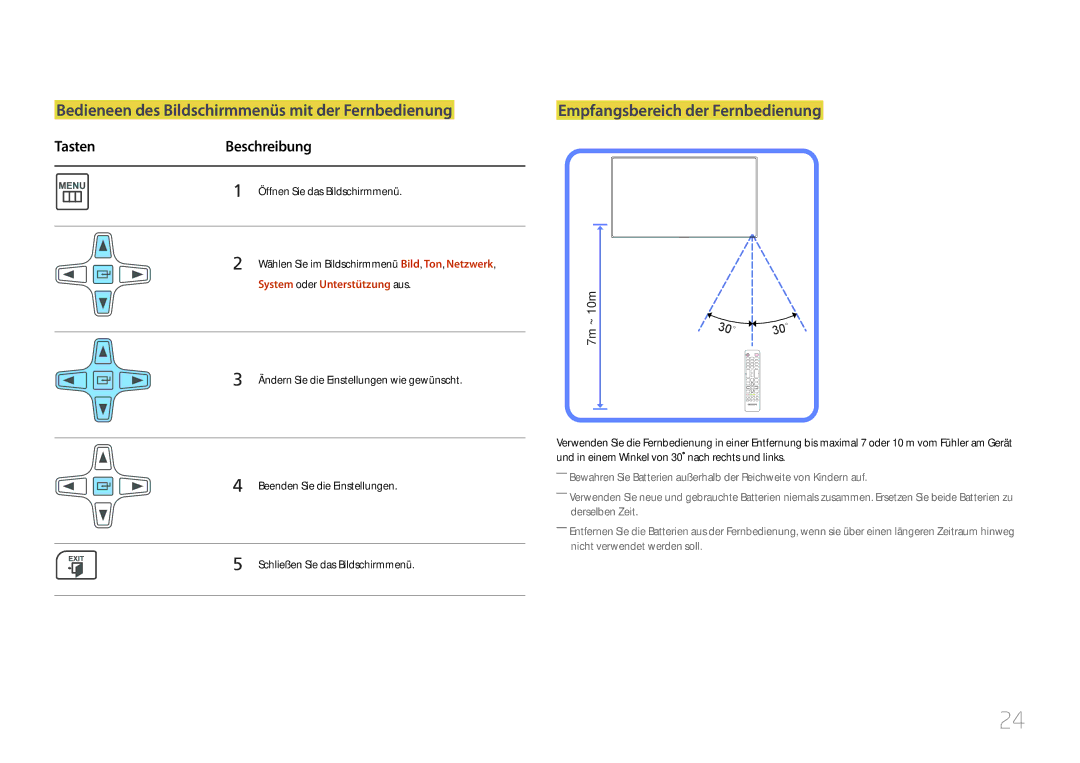 Samsung LH40MDCPLGC/EN manual Bedieneen des Bildschirmmenüs mit der Fernbedienung, Empfangsbereich der Fernbedienung 