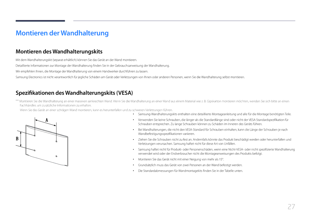 Samsung LH46MDCPLGC/EN, LH40MDCPLGC/EN, LH55MDCPLGC/EN manual Montieren der Wandhalterung, Montieren des Wandhalterungskits 