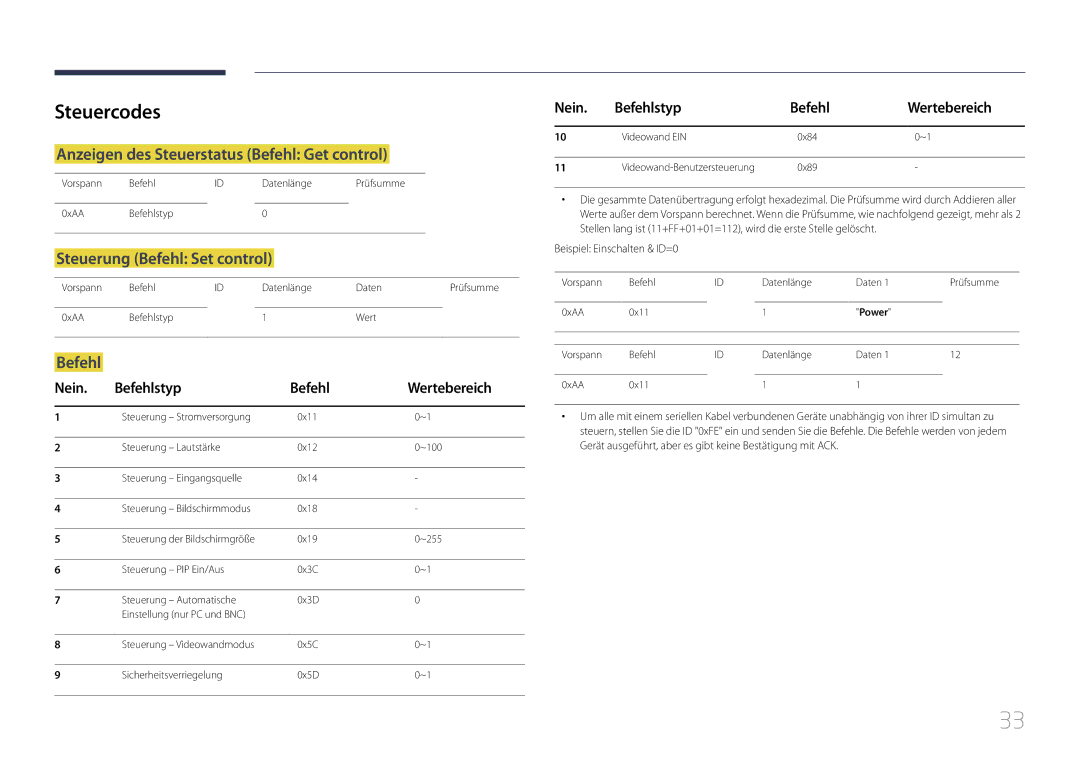 Samsung LH55MDCPLGC/EN manual Steuercodes, Anzeigen des Steuerstatus Befehl Get control, Steuerung Befehl Set control 