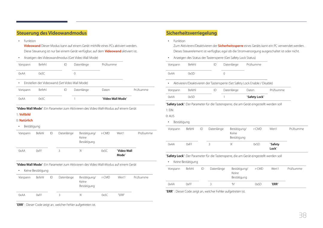 Samsung LH32MDCPLGC/EN, LH40MDCPLGC/EN manual Steuerung des Videowandmodus, Sicherheitsverriegelung, Vollbild Natürlich 