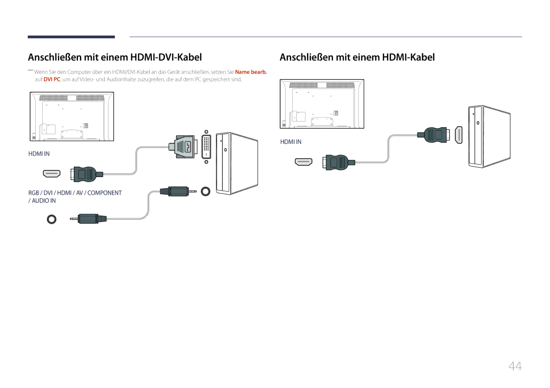 Samsung LH40MDCPLGC/EN, LH55MDCPLGC/EN manual Anschließen mit einem HDMI-DVI-Kabel, Anschließen mit einem HDMI-Kabel 