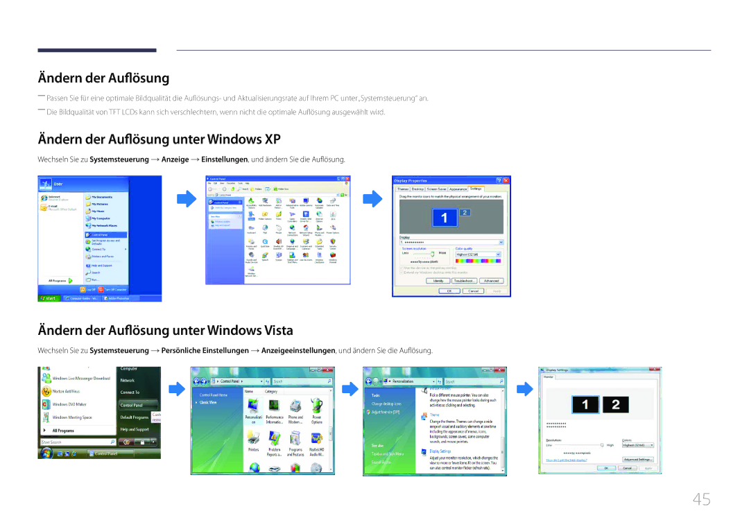 Samsung LH55MDCPLGC/EN, LH40MDCPLGC/EN Ändern der Auflösung unter Windows XP, Ändern der Auflösung unter Windows Vista 