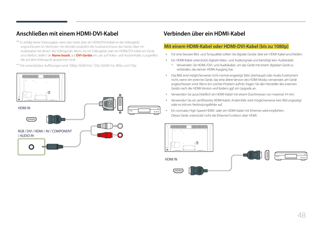 Samsung LH40MDCPLGC/EN manual Verbinden über ein HDMI-Kabel, Mit einem HDMI-Kabel oder HDMI-DVI-Kabel bis zu 1080p 