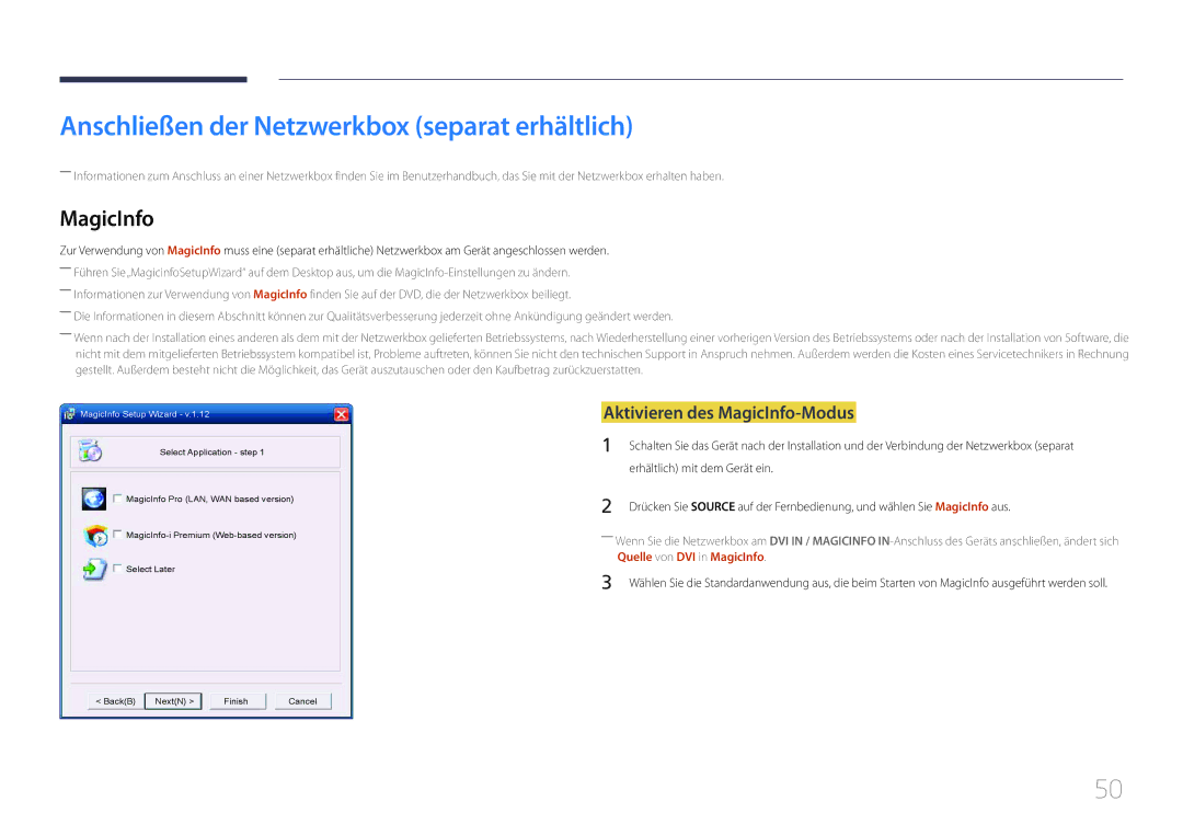 Samsung LH32MDCPLGC/EN, LH40MDCPLGC/EN Anschließen der Netzwerkbox separat erhältlich, Aktivieren des MagicInfo-Modus 