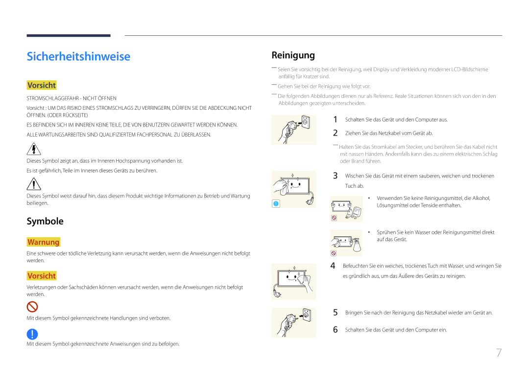 Samsung LH46MDCPLGC/EN, LH40MDCPLGC/EN, LH55MDCPLGC/EN, LH32MDCPLGC/EN Sicherheitshinweise, Reinigung, Symbole, Vorsicht 