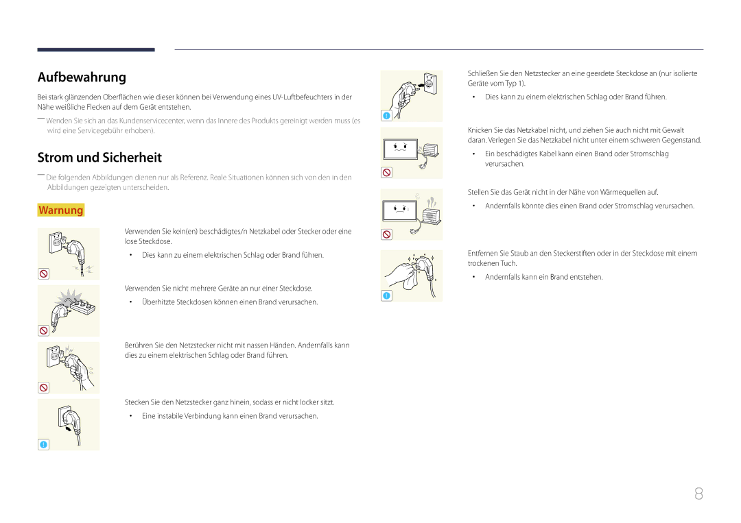 Samsung LH40MDCPLGC/EN, LH55MDCPLGC/EN, LH32MDCPLGC/EN, LH46MDCPLGC/EN manual Aufbewahrung, Strom und Sicherheit 