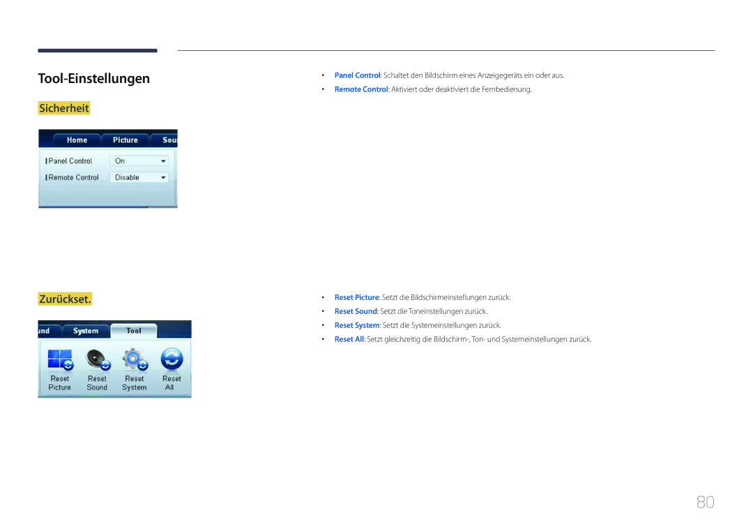 Samsung LH40MDCPLGC/EN, LH55MDCPLGC/EN, LH32MDCPLGC/EN, LH46MDCPLGC/EN manual Tool-Einstellungen, Sicherheit Zurückset 